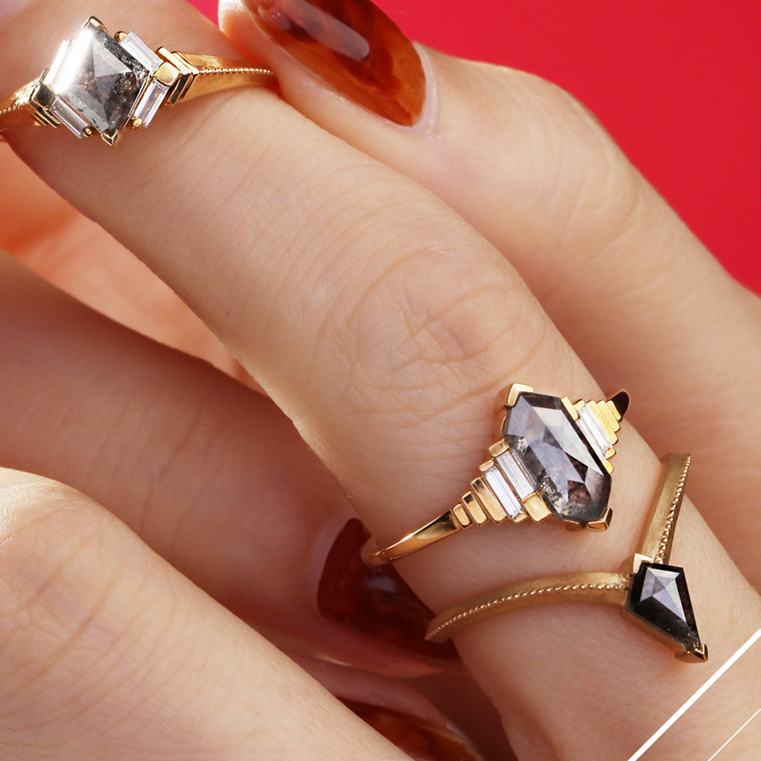 Elongated Hexagonal Salt & Pepper Diamond 18K Gold Ring