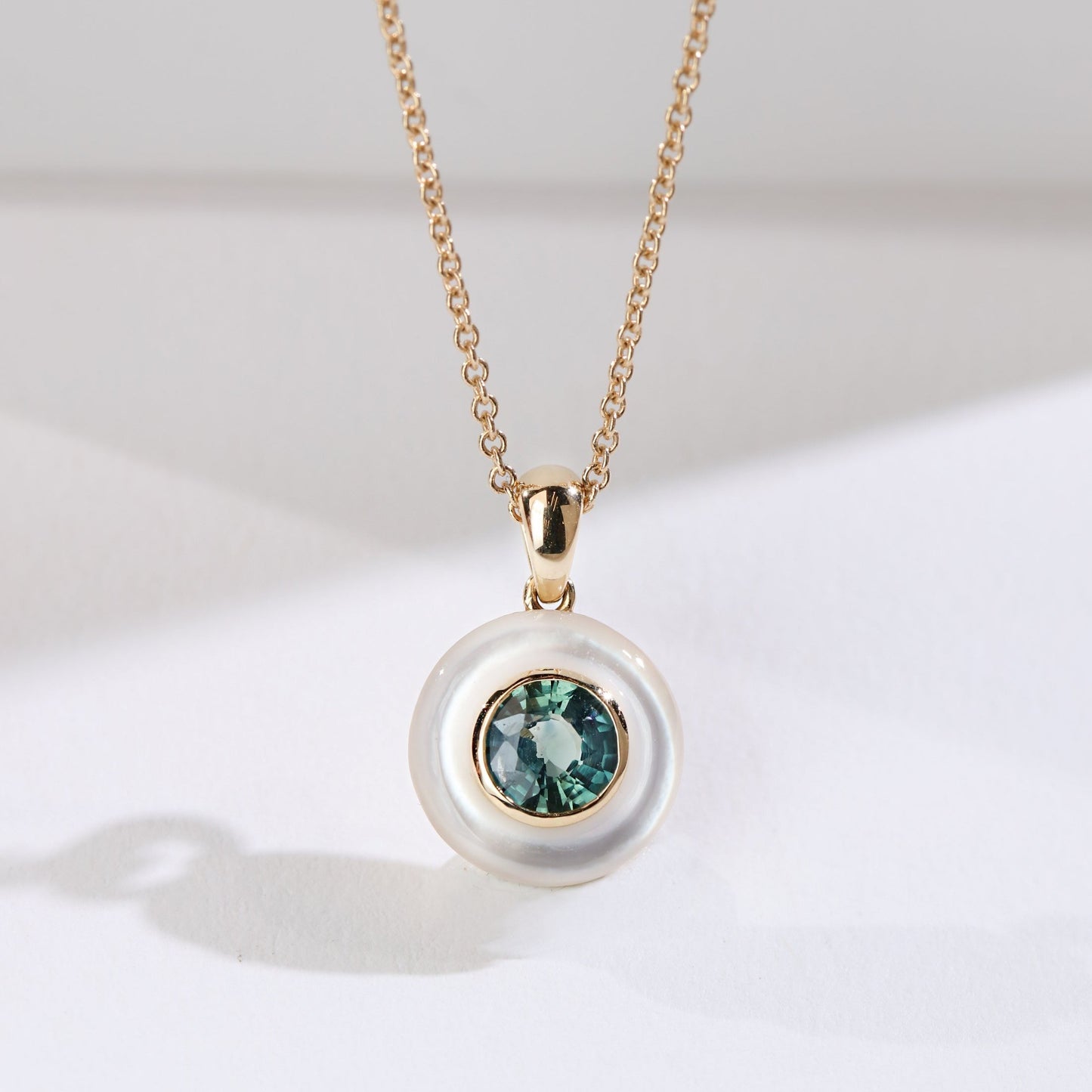 Natural Teal Sapphire & Mother-of-Pearl 18K Gold Necklace