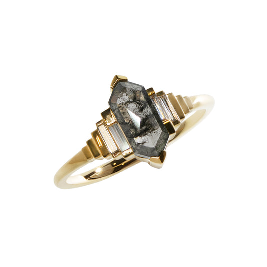 Elongated Hexagonal Salt & Pepper Diamond 18K Gold Ring