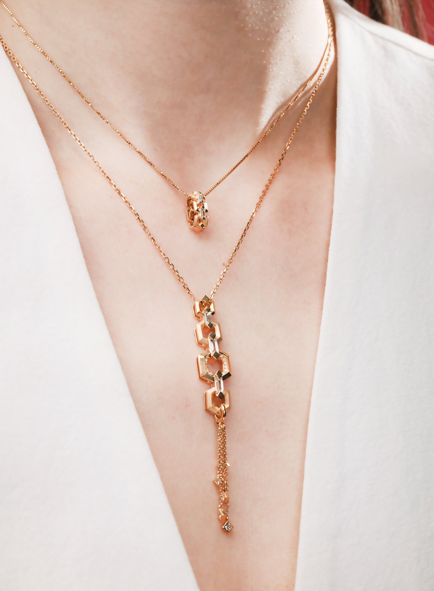 Interlocking Baguette 18K Gold Barrel Necklace