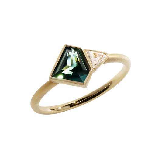 Unheated Sapphire & Triangle Diamond 18K Gold Ring